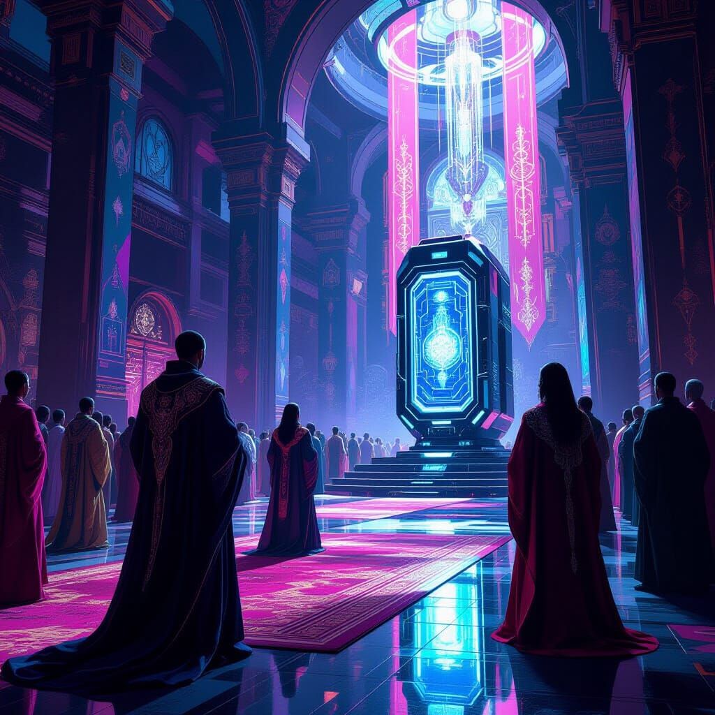 Futuristic Temple: People Worshiping a Computer
