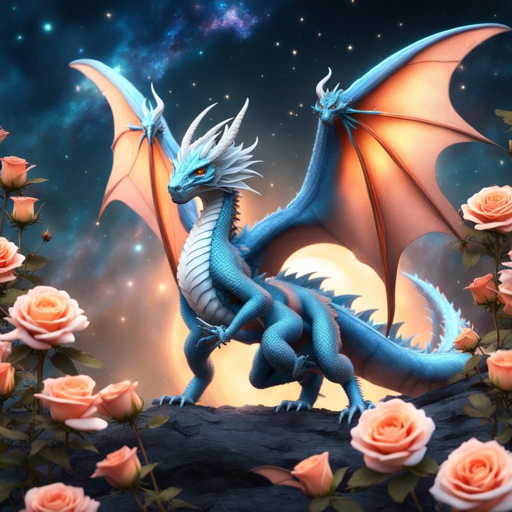 Dragon with Roses in a Galaxy Sky