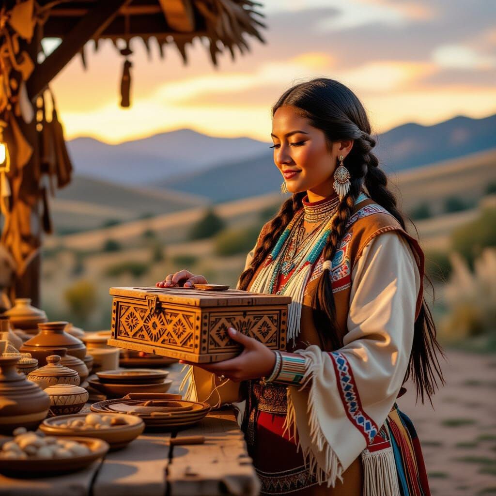 Native American Woman Offers Carved Wooden Gift