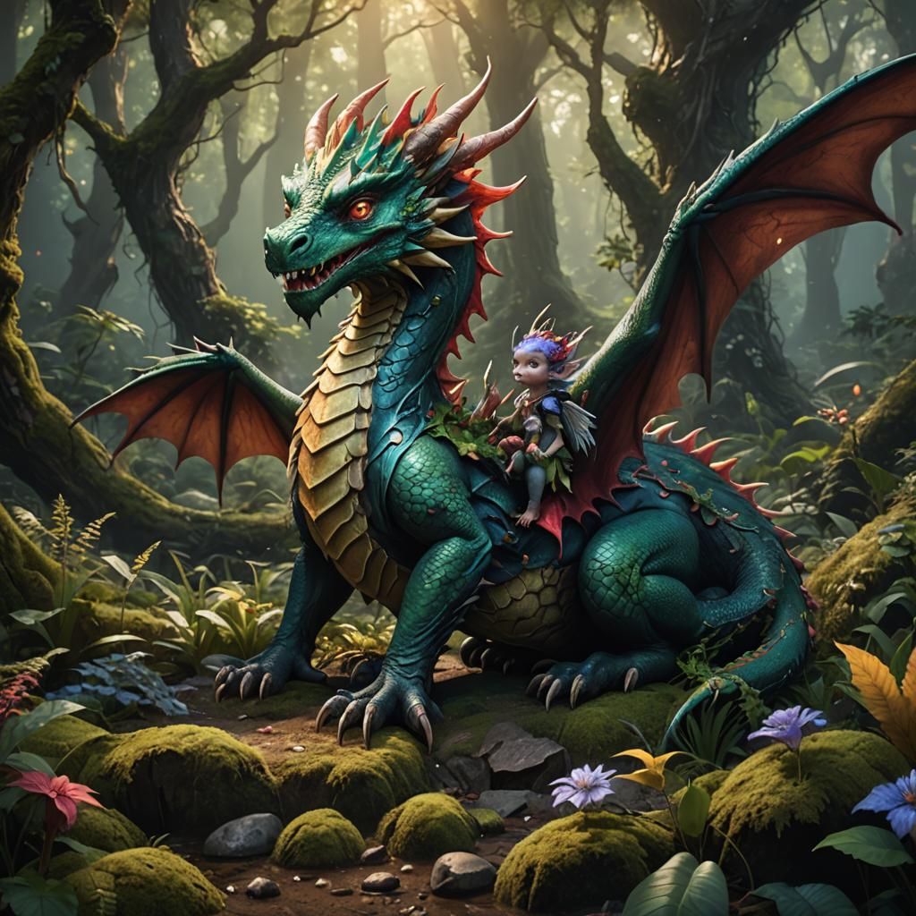 Fairy Nursing Dragon in Enchanted Forest: Fantasy Art