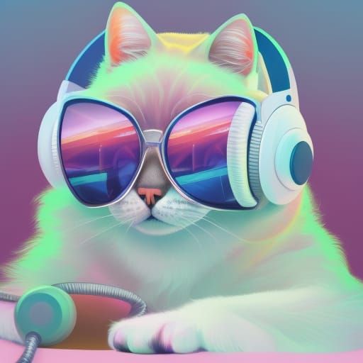 Cat Listening to Music in Synthwave Neon Style