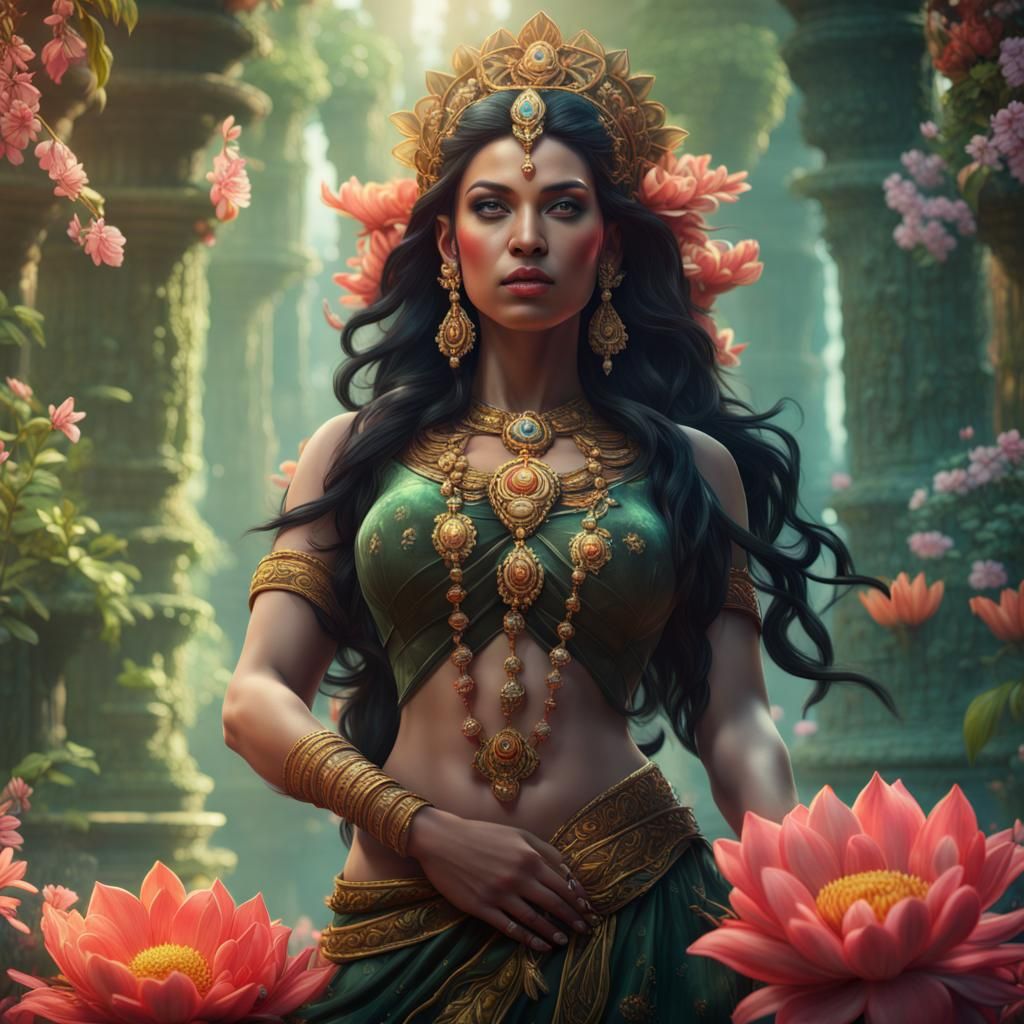 Goddess Akka Maha Devi in a Floral Landscape