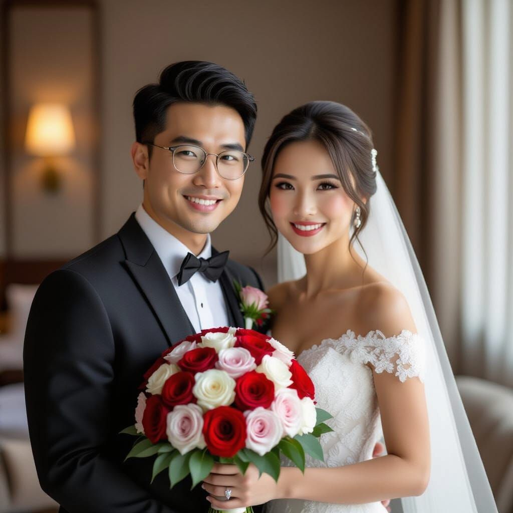 Asian Couple's Wedding Portrait in Hotel Room