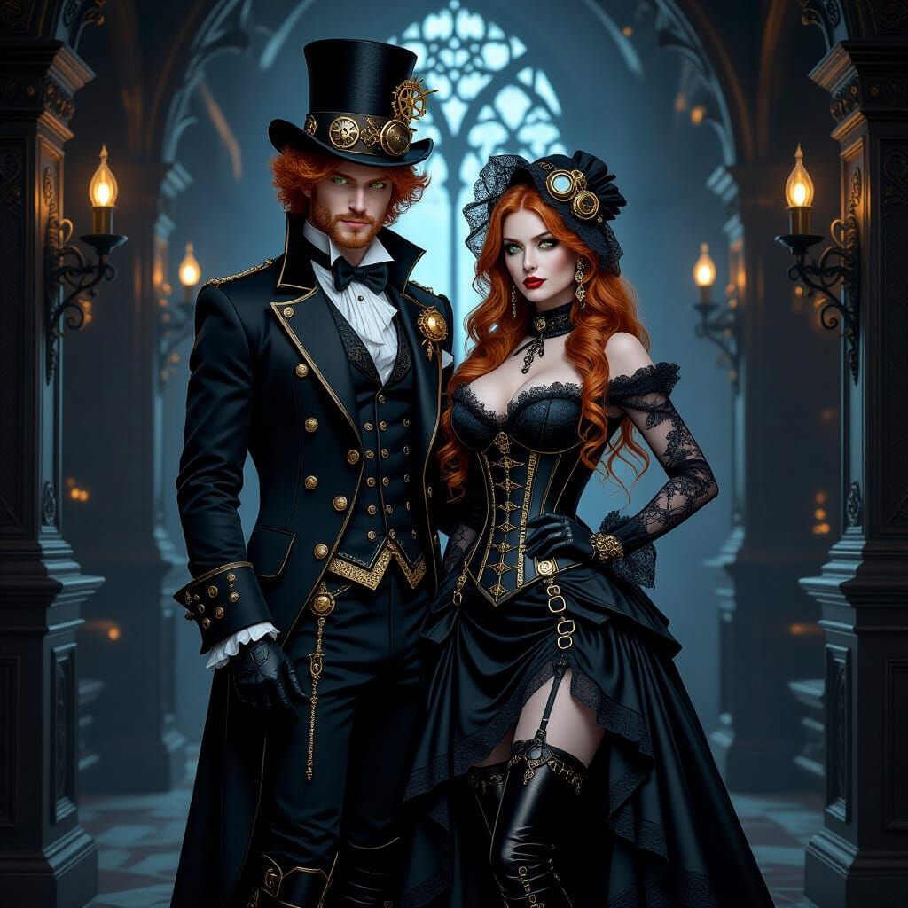 Steampunk Gothic Couple in Shadowed Manor