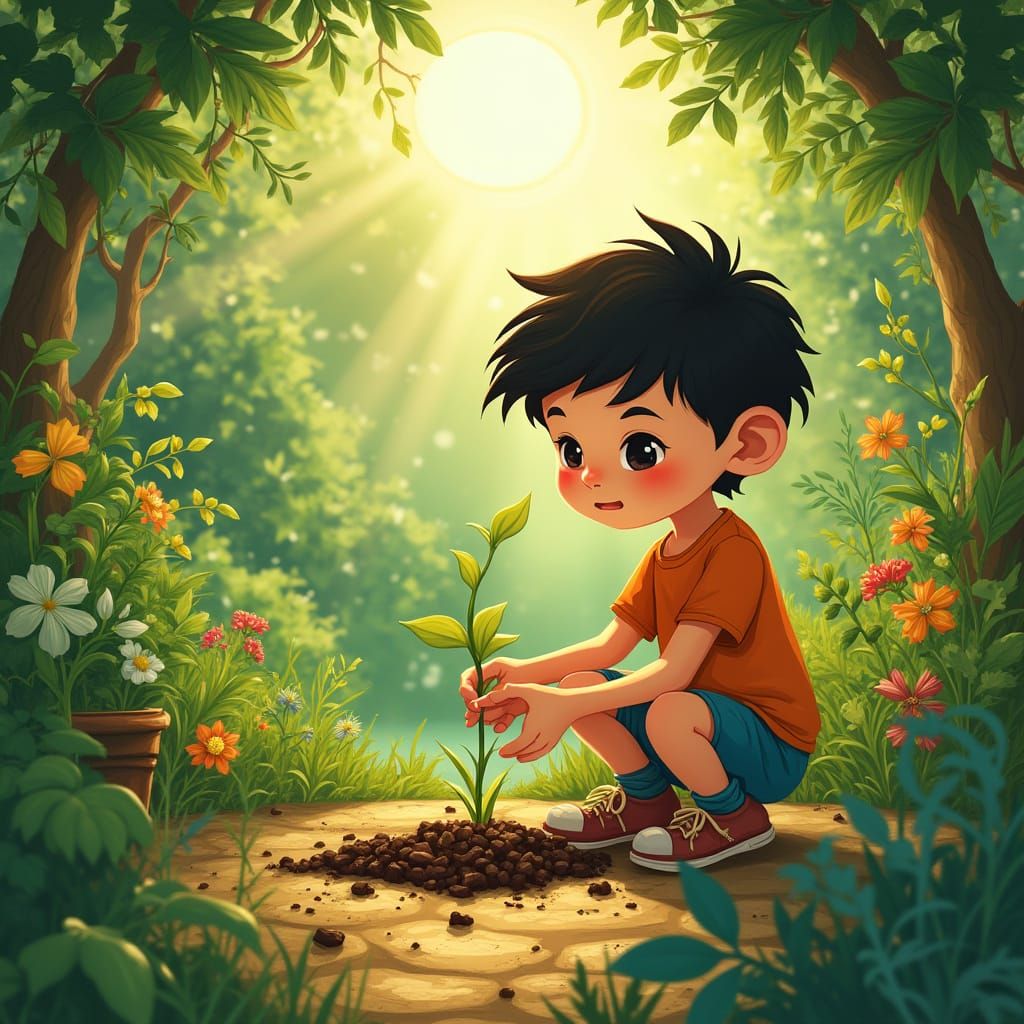 Whimsical Boy Plants Magic Seed in Enchanted Village Garden