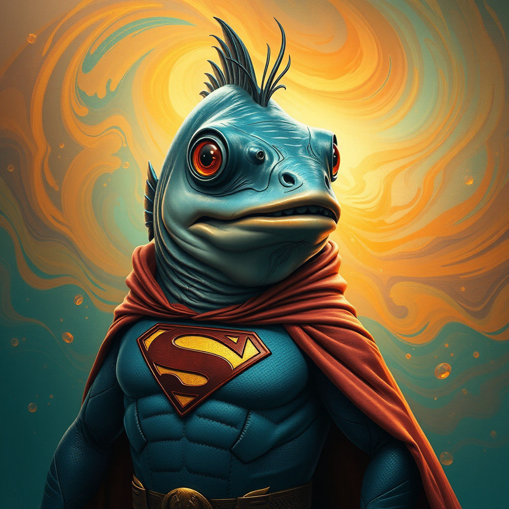 Humanoid Fish Superhero in Dreamlike Landscape