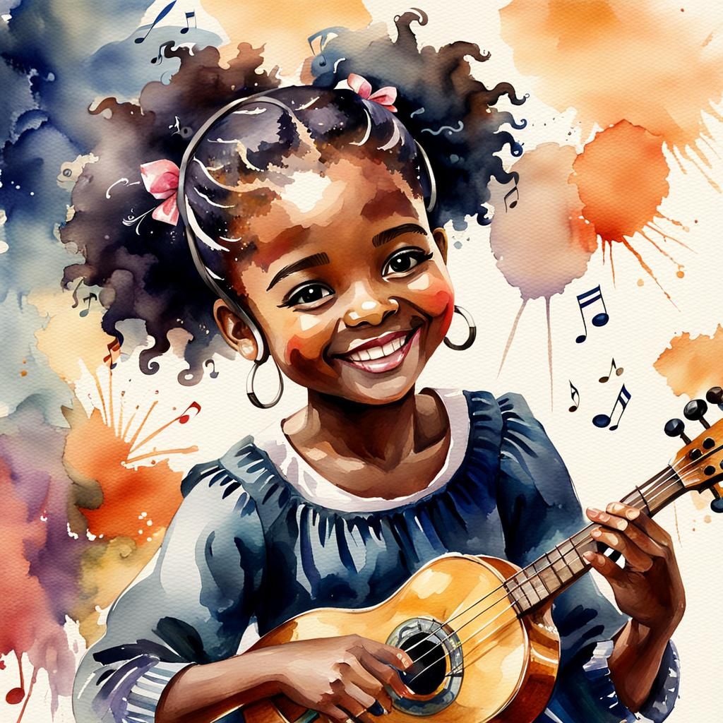 Whimsical Black Girl Playing Music: Watercolor Oil Painting