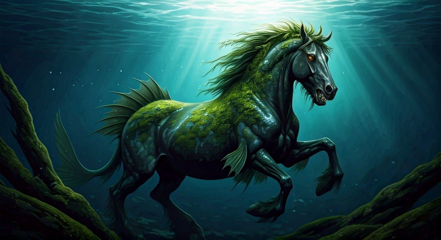 Nightmarish Underwater Kelpie in Golden Age Illustration Sty...