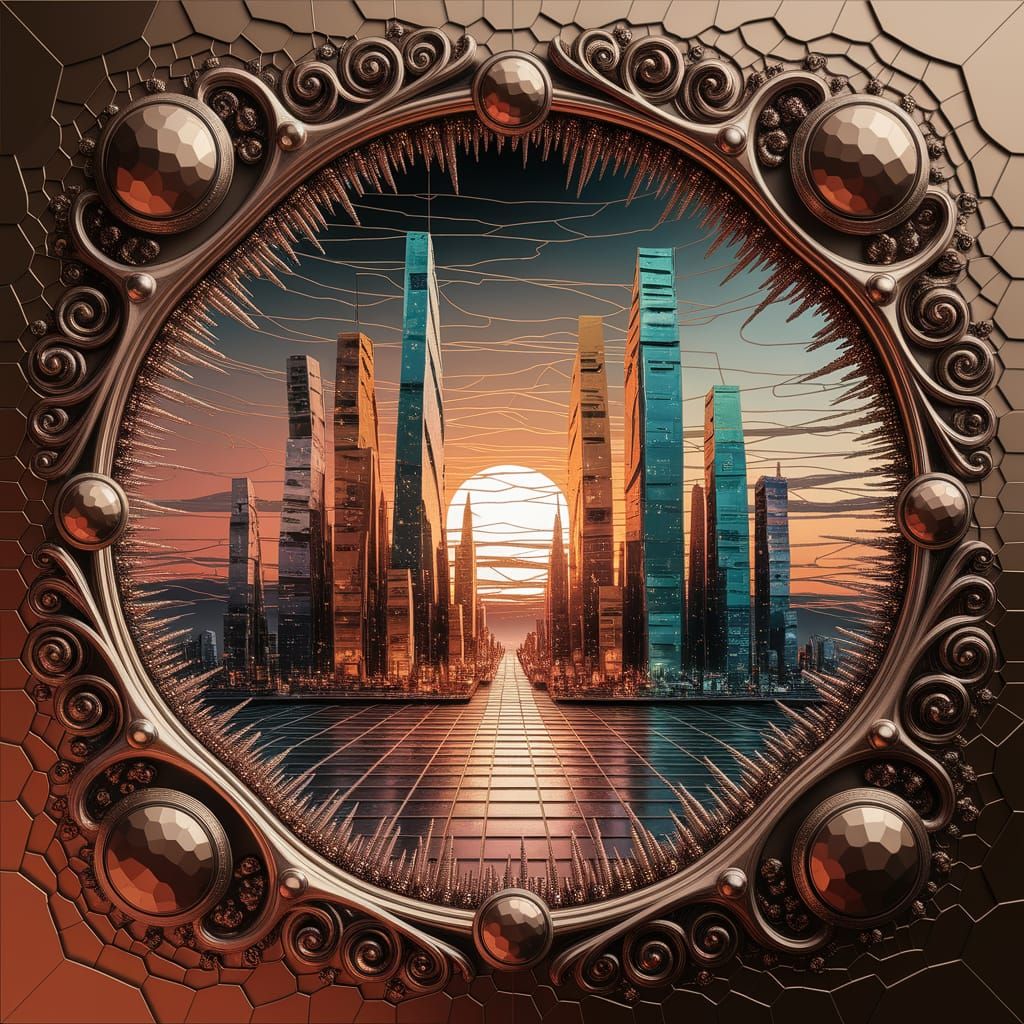 Dreamlike Futuristic Cityscape in Warm, Golden Light