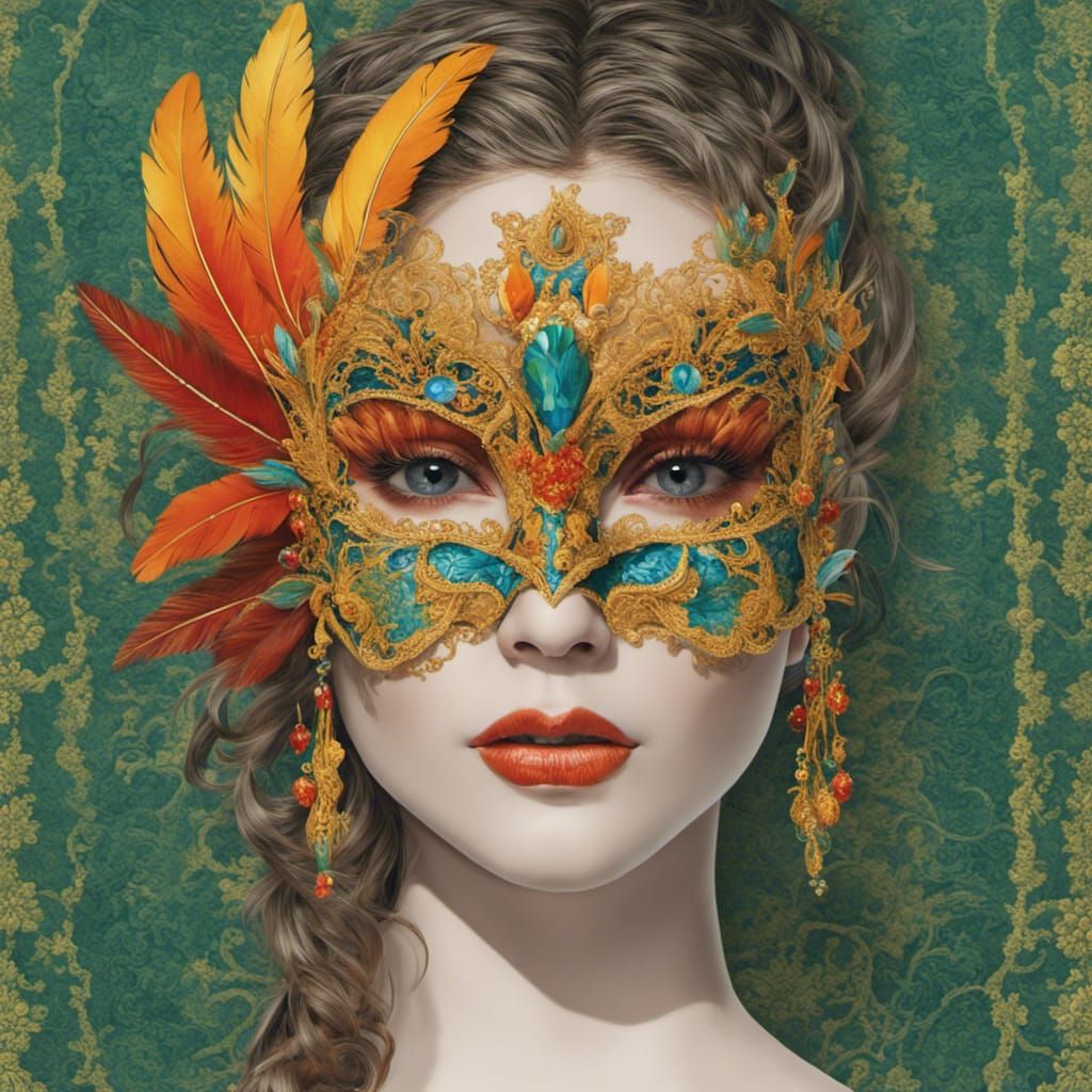 Ornate Feathered Mask with Rococo Design
