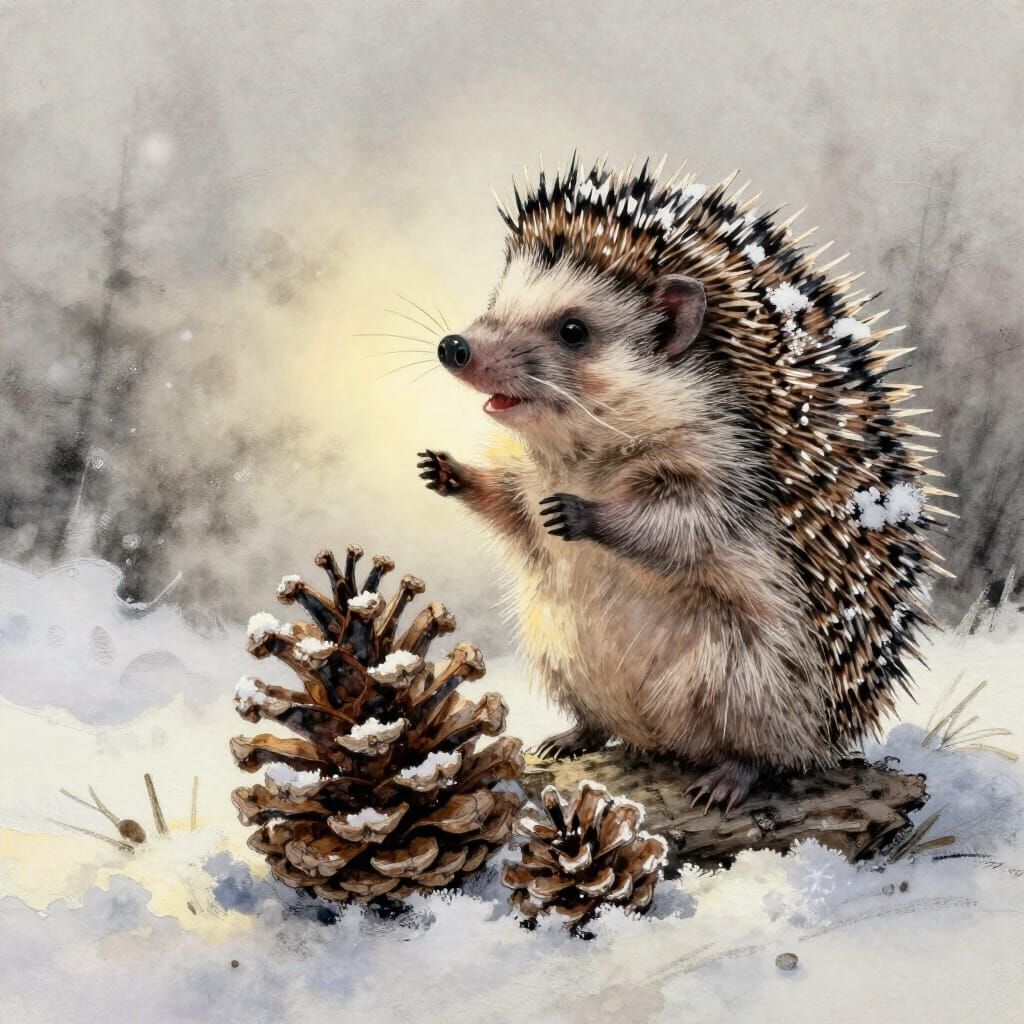 Hedgehog's First Snowflake in Stylized Watercolor-Gouache