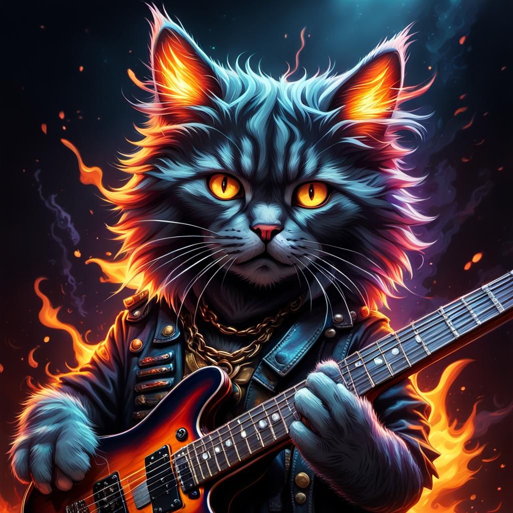 Heavy Metal Cat Plays Guitar in Chiaroscuro Style