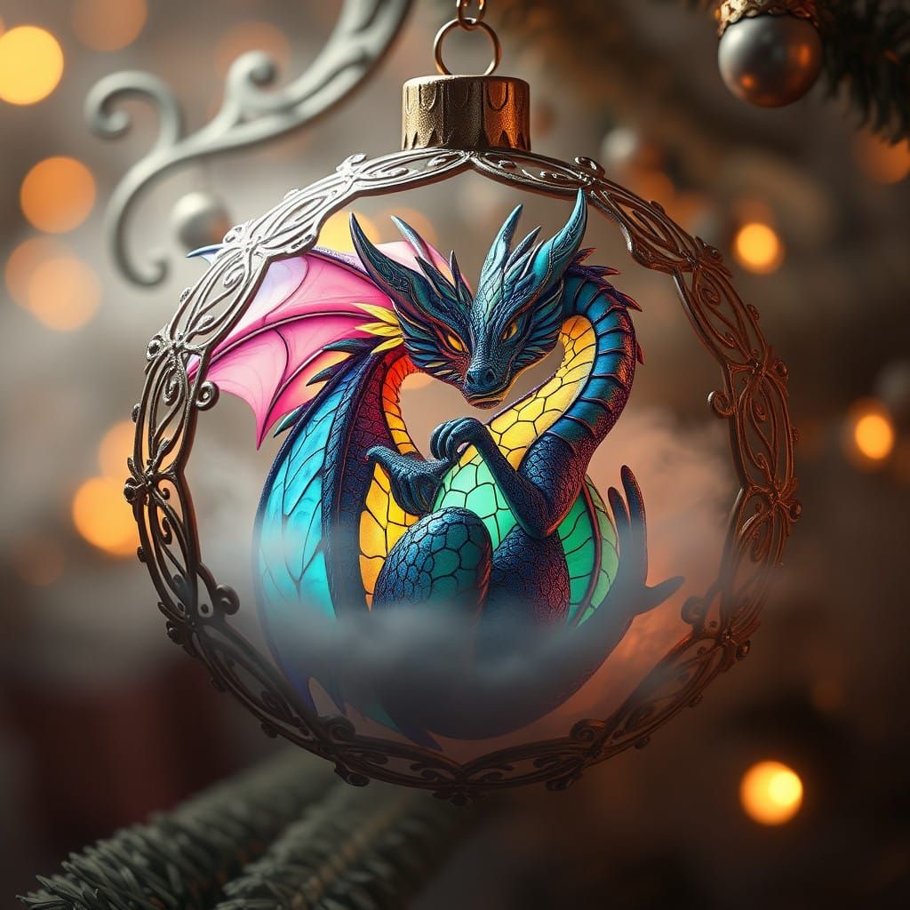 Glowing Christmas Dragon Ornament in Vibrant, Iridescent Sty...