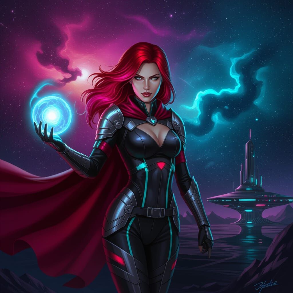 Futuristic Warrior with Fiery Hair in Cosmic Nebula