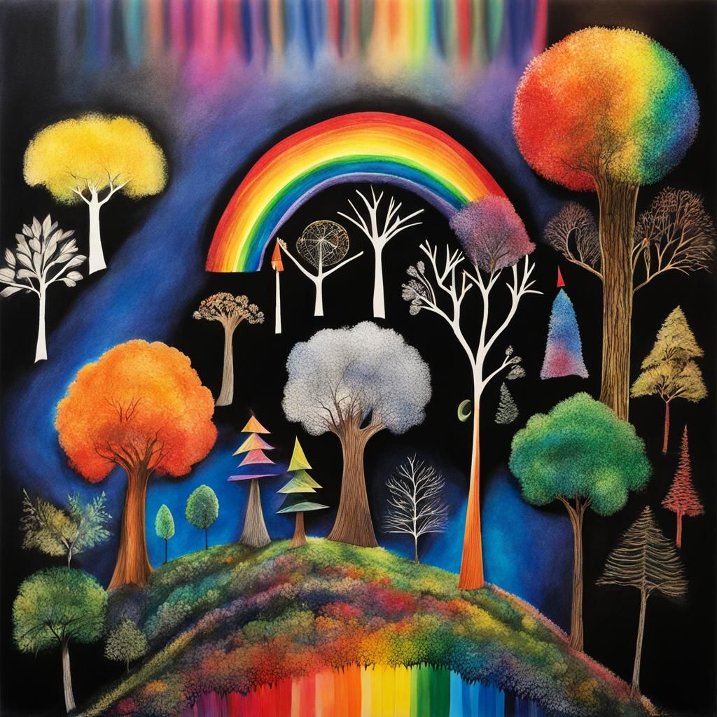 Surreal Child's Drawing of Trees with Rainbow Fairy