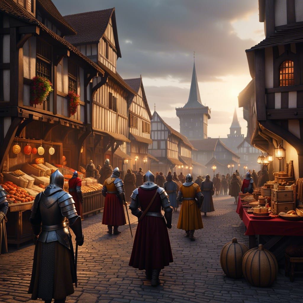 Bustling Medieval Marketplace at Sunrise with Knights