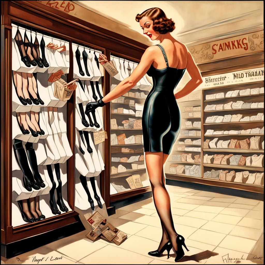 1930s Pin-Up Girl Shopping for Stockings
