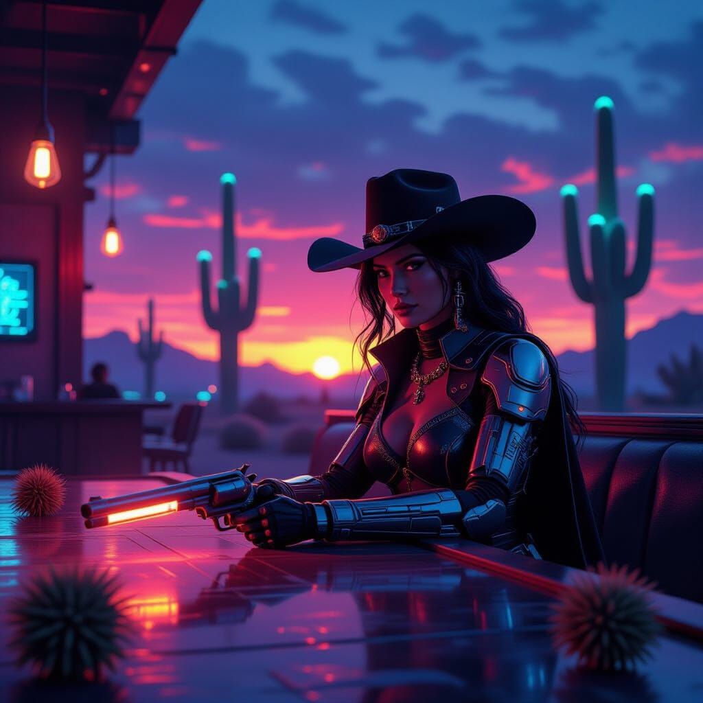 Android Cowgirl in Cyberpunk Saloon With Binary Sunset
