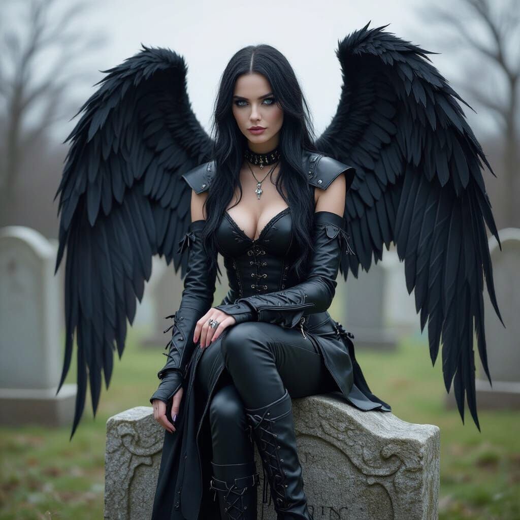 Dark Fallen Angel with Black Wings on Tombstone