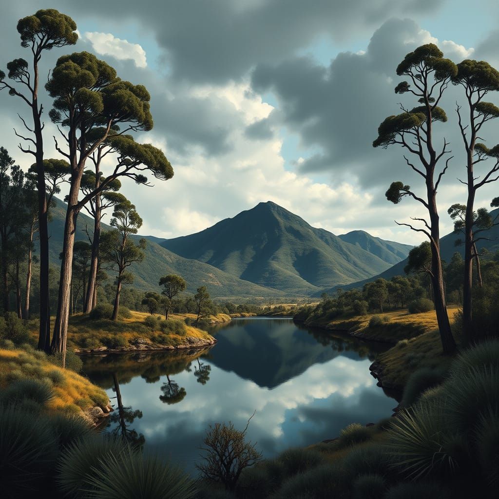 Tasmanian Wilderness Lake in Classical Painting Style
