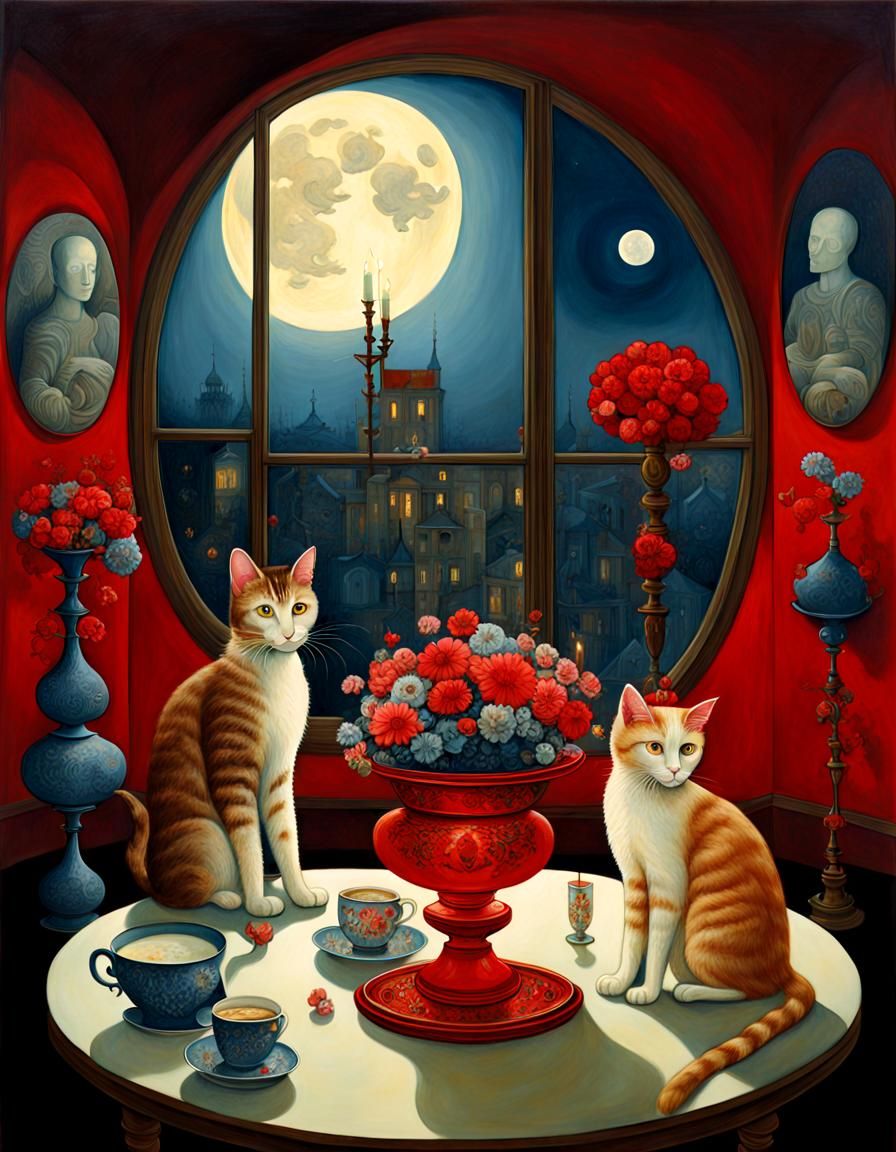 Cats in Room at Night in Naive Art Style