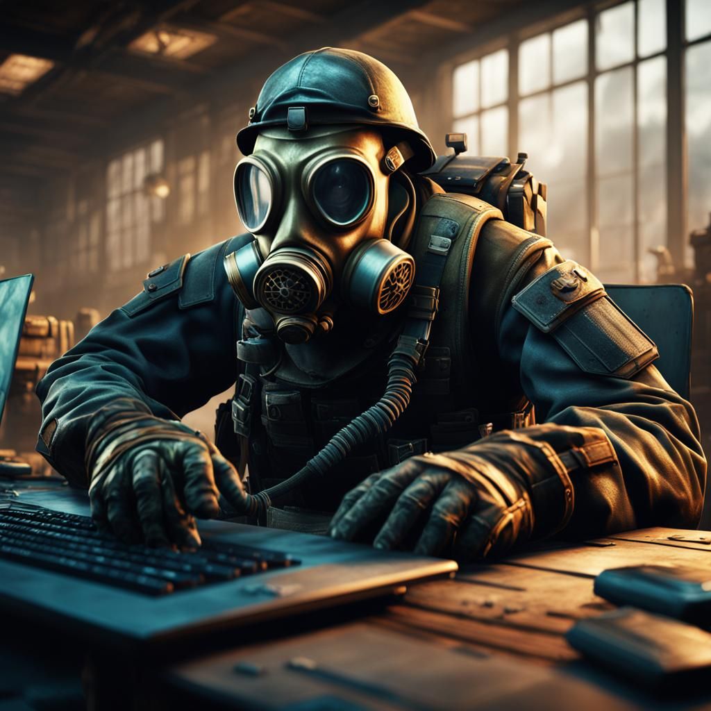 Soldier in Gas Mask Working on Computer