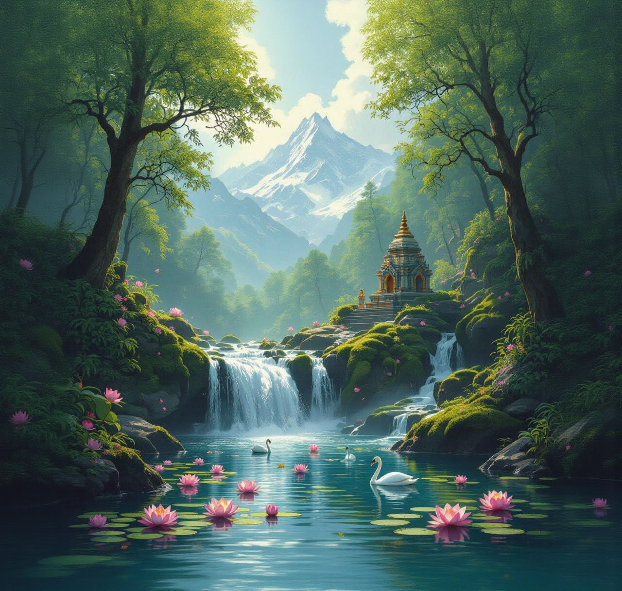 Majestic Waterfall with Snowy Mountains and Temple