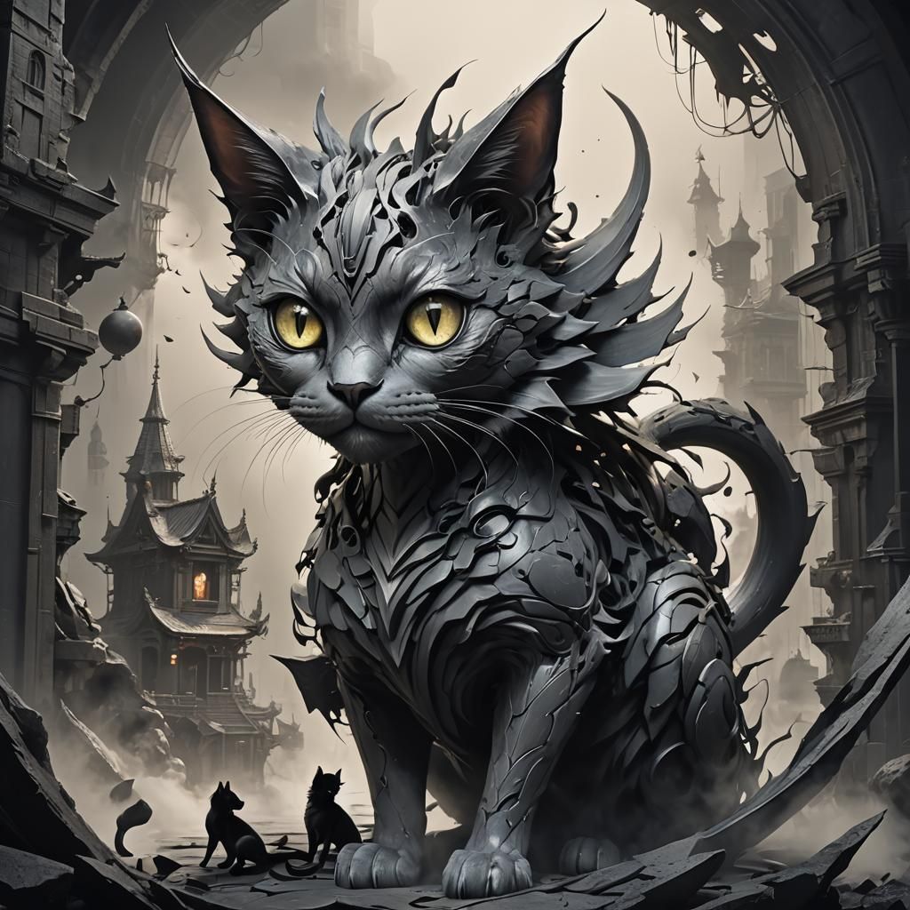 Surreal Charcoal Dragon Cat Girl: Dreamlike Anime Art