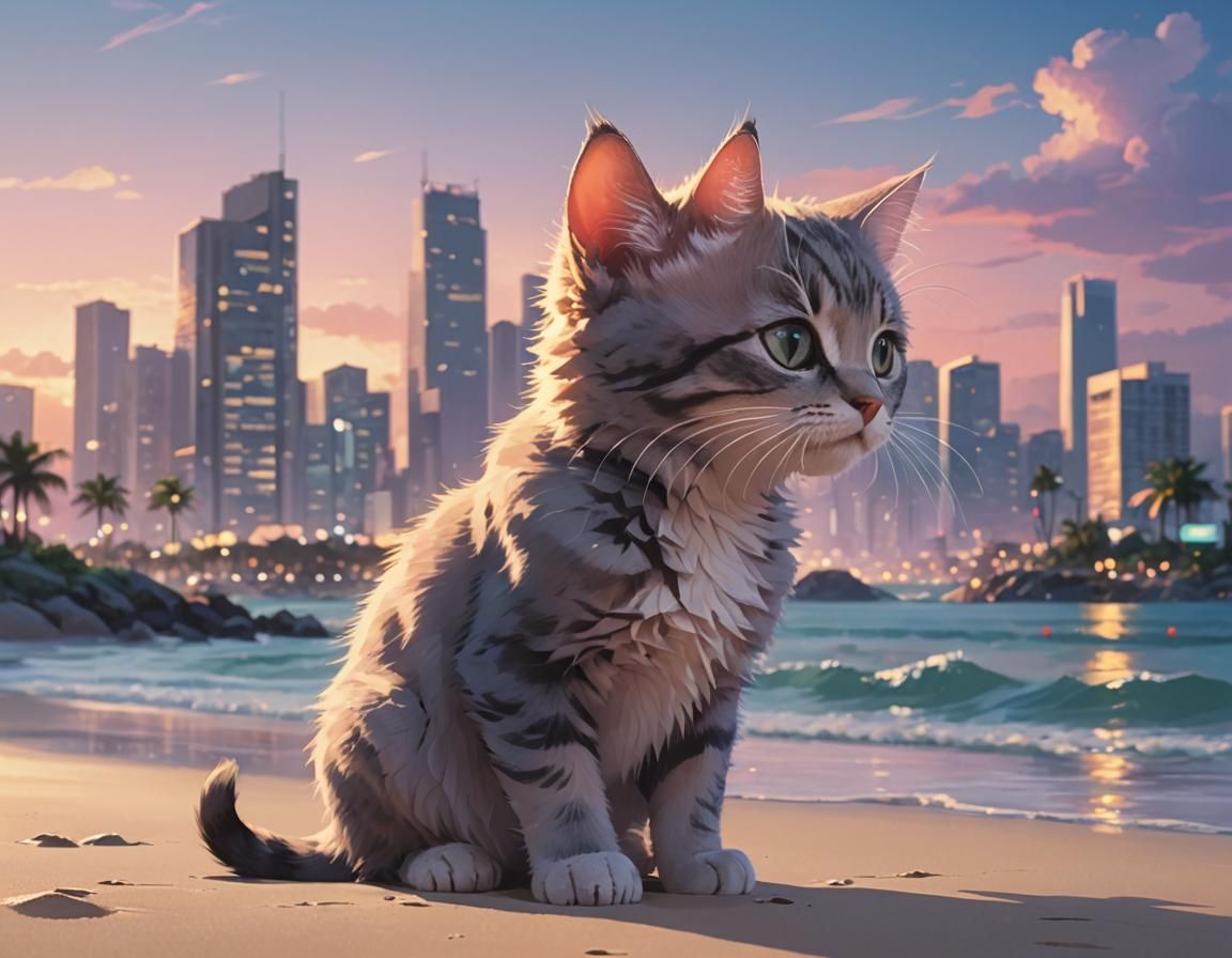 Anime Beach Kitten with Tropical Skyline
