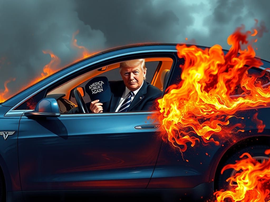 Surrealistic Nightmare of Trump in a Burning Tesla