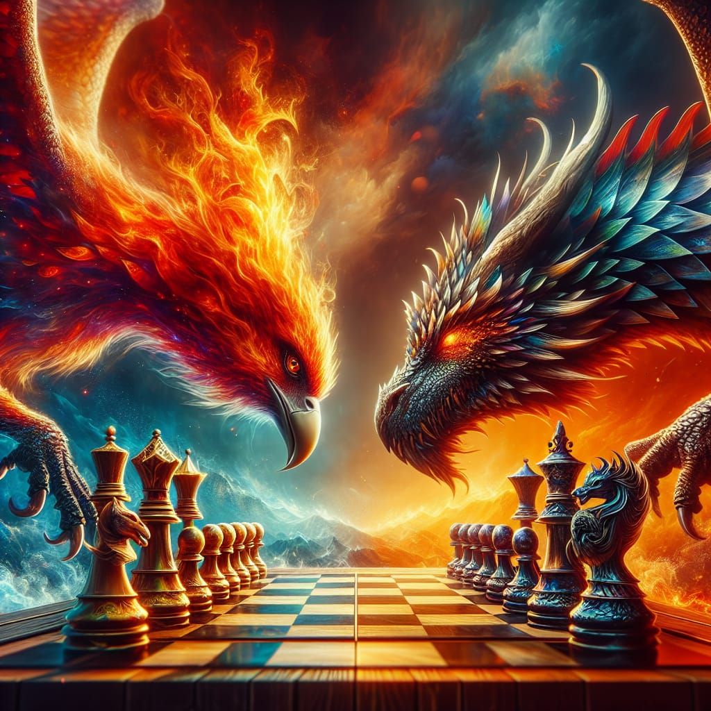A phoenix playing a game of chess against a dragon.