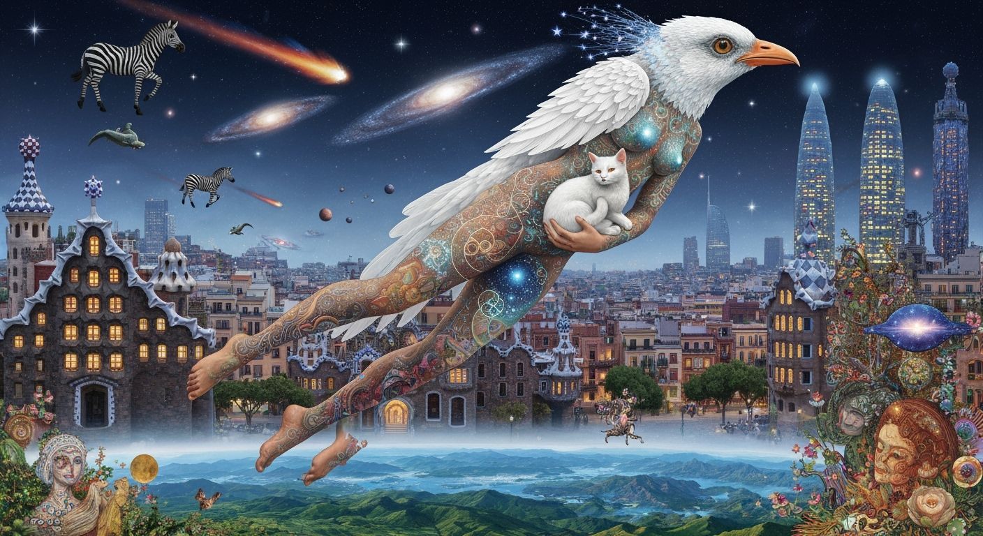 Surreal Gaudí Cityscape with Bioluminescent Figure