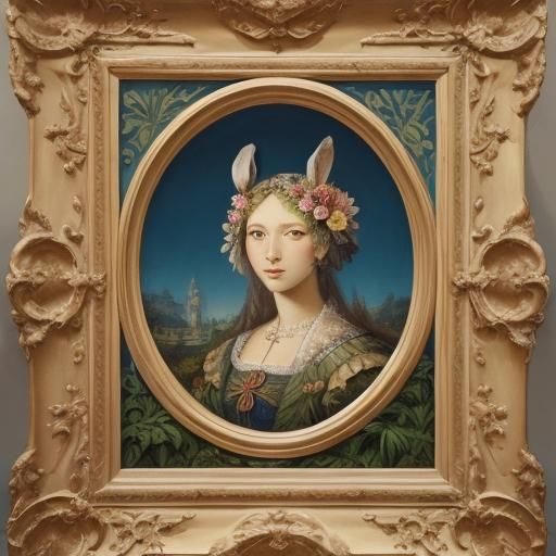 Rabbit in Renaissance Garden: Oil Painting with Mixed Media