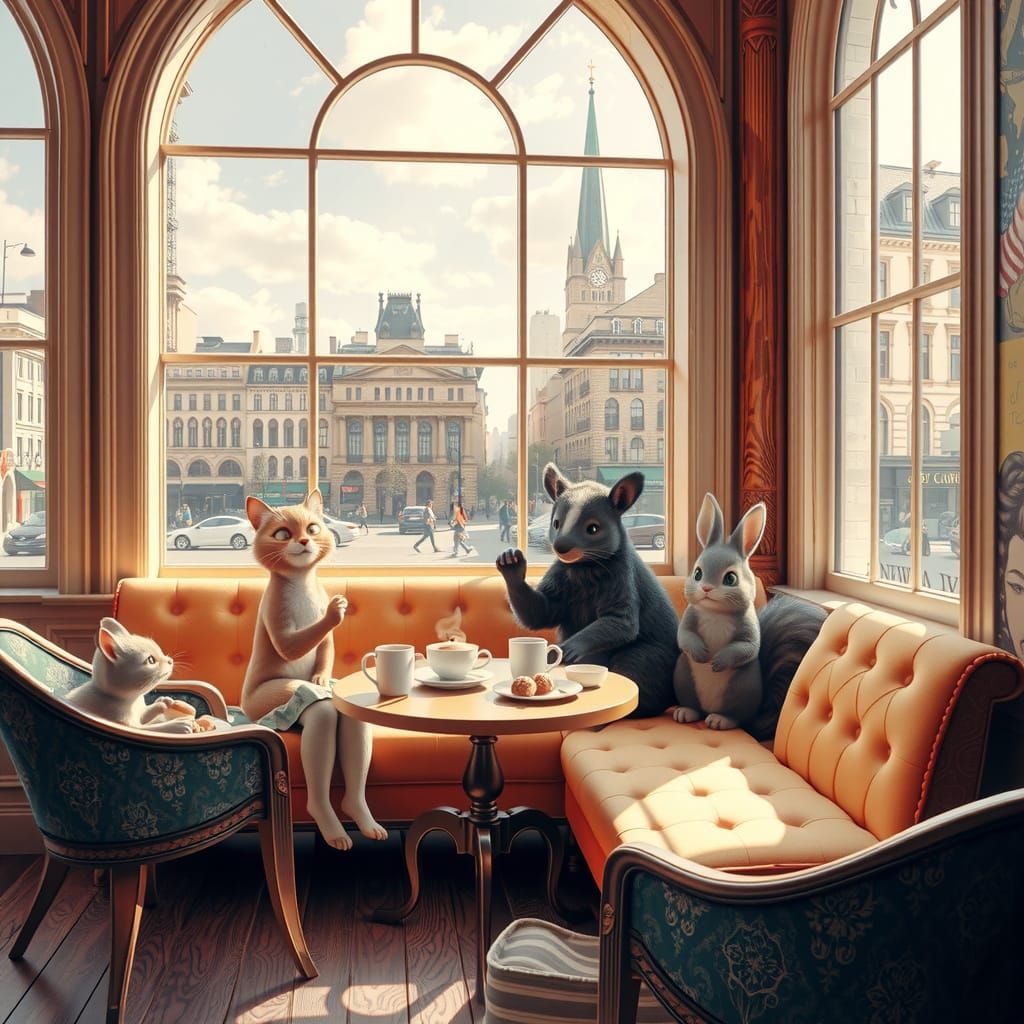 Charming Cartoon Animals Enjoying Coffee in New York City