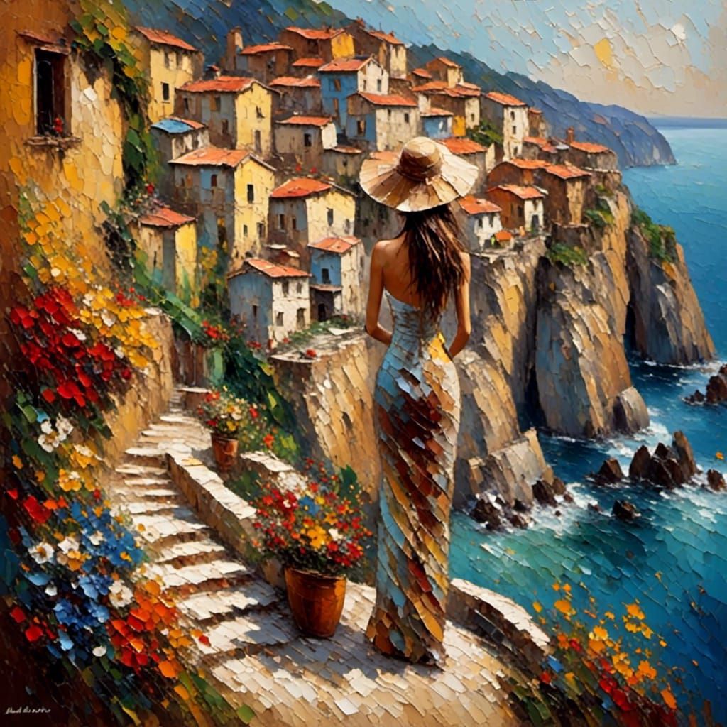 Woman Gazing at Coastal Scenery as Impasto Painting