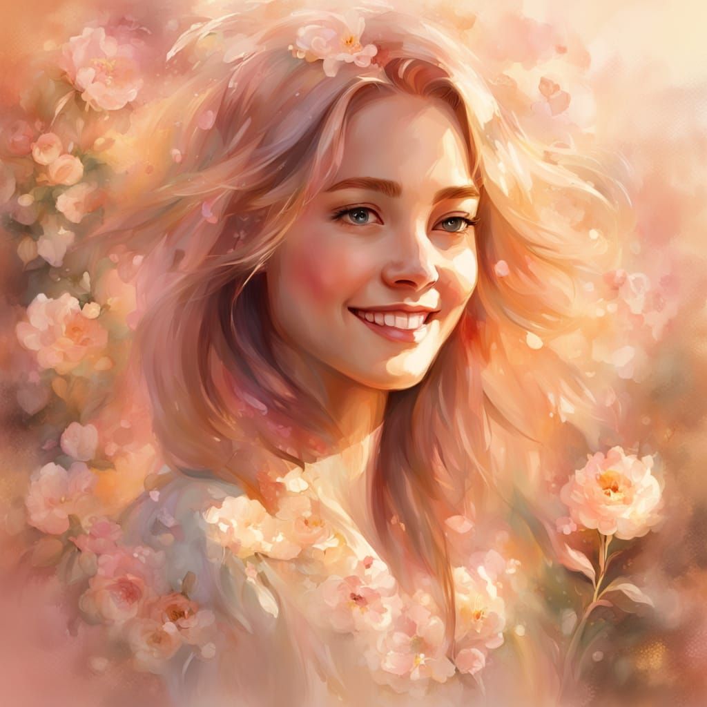 Smiling Woman Portrait with Floral Patterns in Digital Art