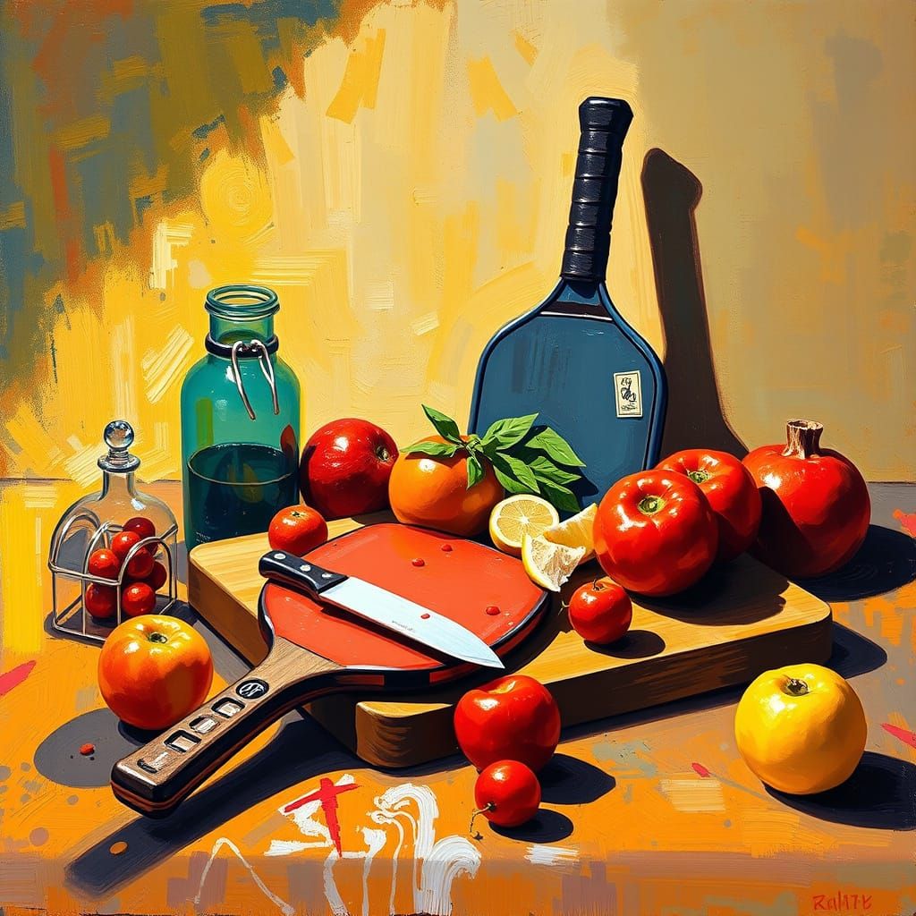 Impressionistic Oil Painting of Pickleball Gear and Culinary...