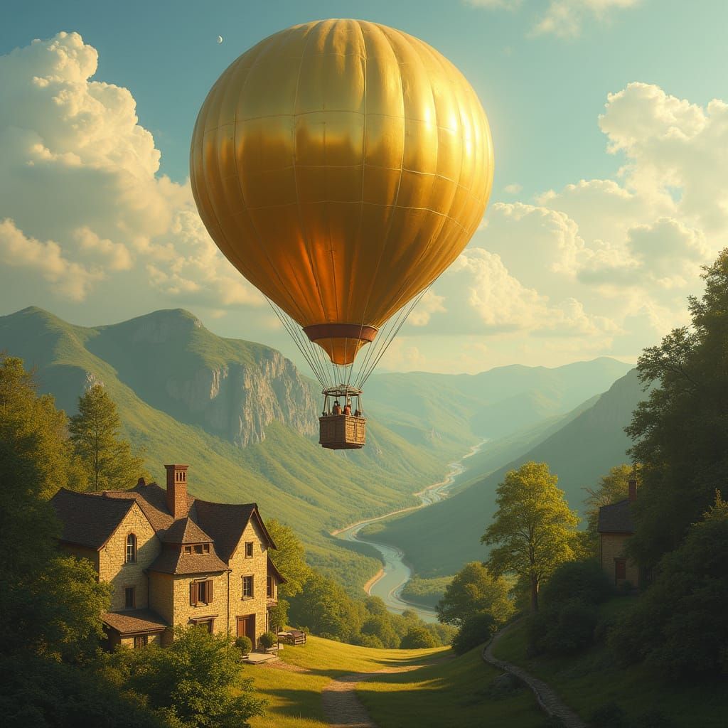 Golden Balloon Floats Over Sunlit Valley
