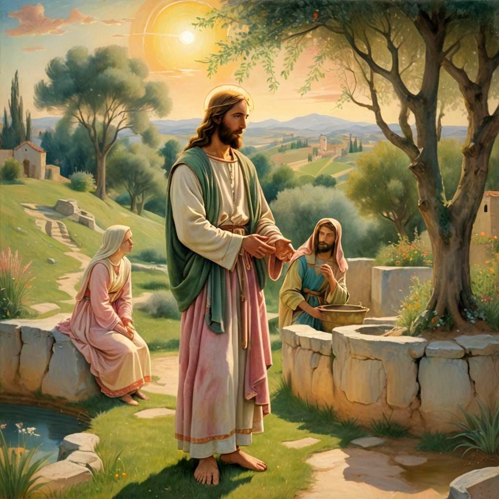 Jesus and Samaritan Woman at Well in Pastel