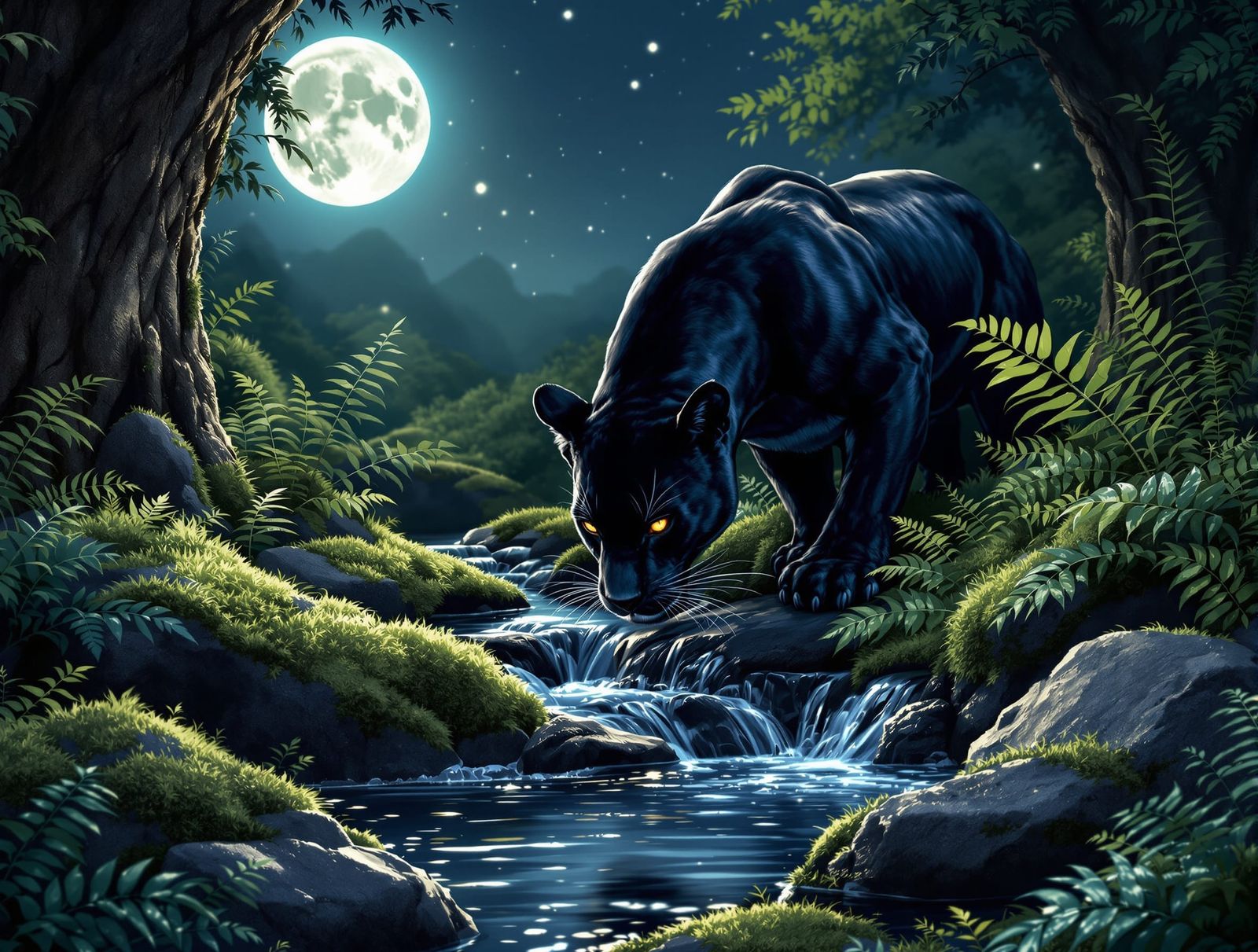 Moonlit Black Panther in Mystical Forest