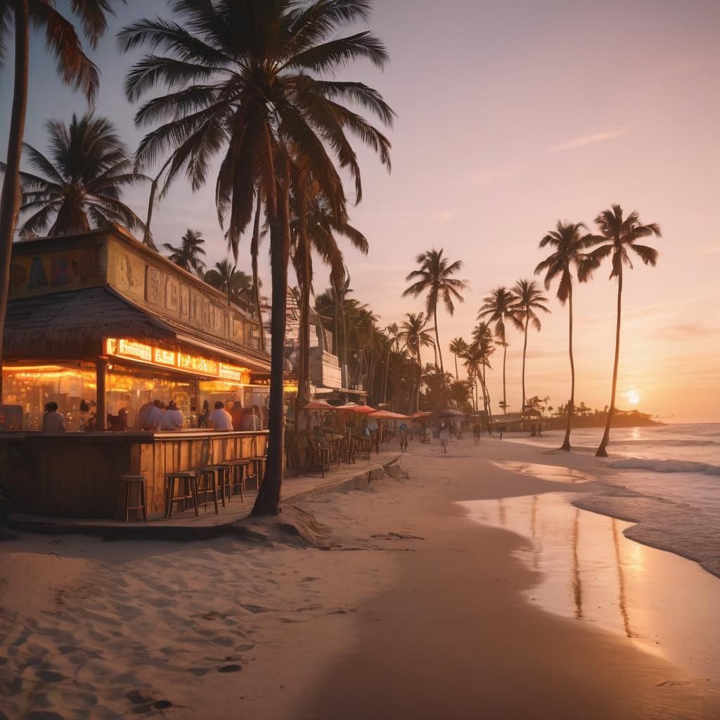 Tropical Beach Sunset in Vibrant Oil Painting Style