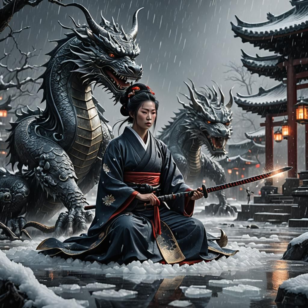 Geisha Meditating in Ice Storm with Dragon, Digital Art