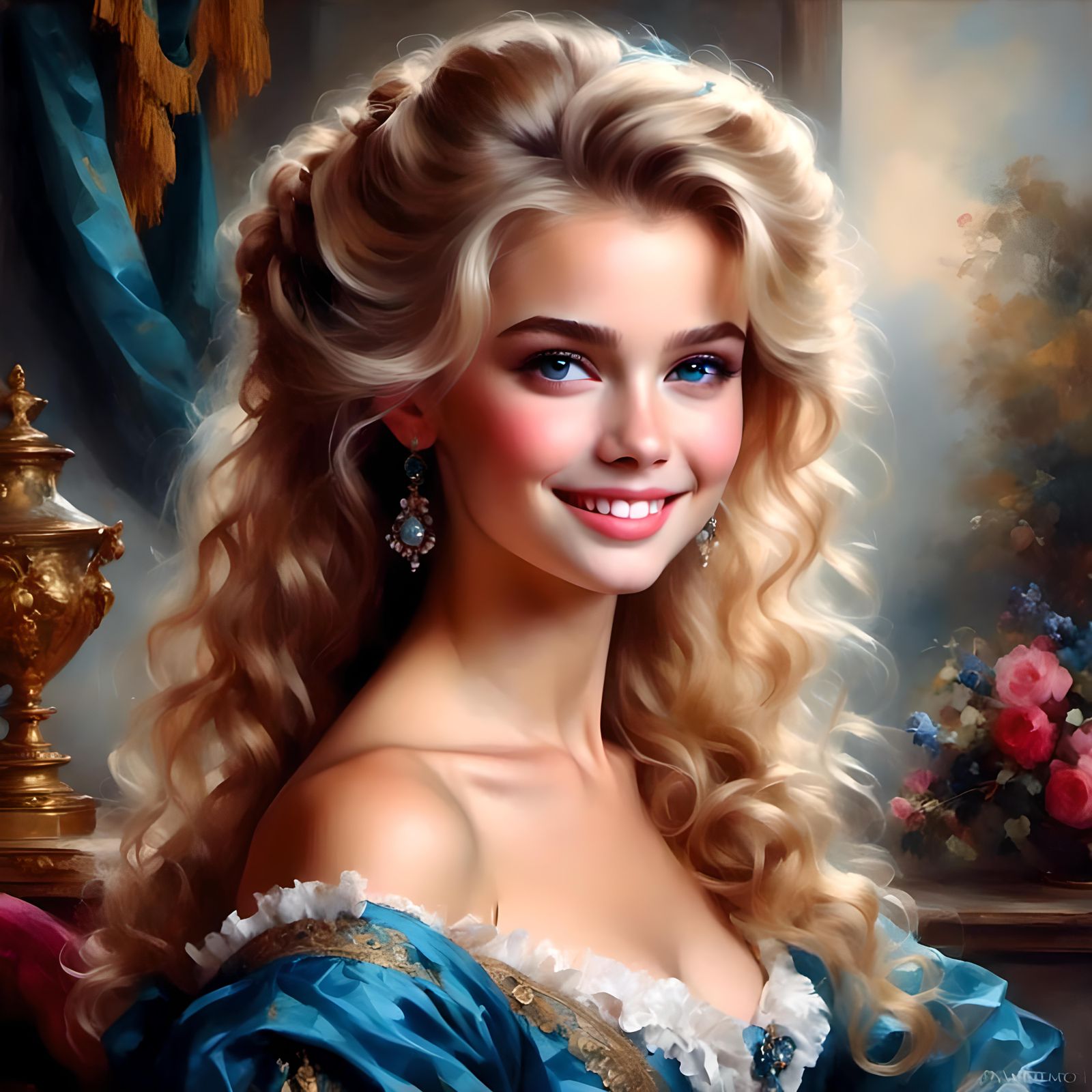 Blonde Beauty with Blue Eyes in Rococo Style