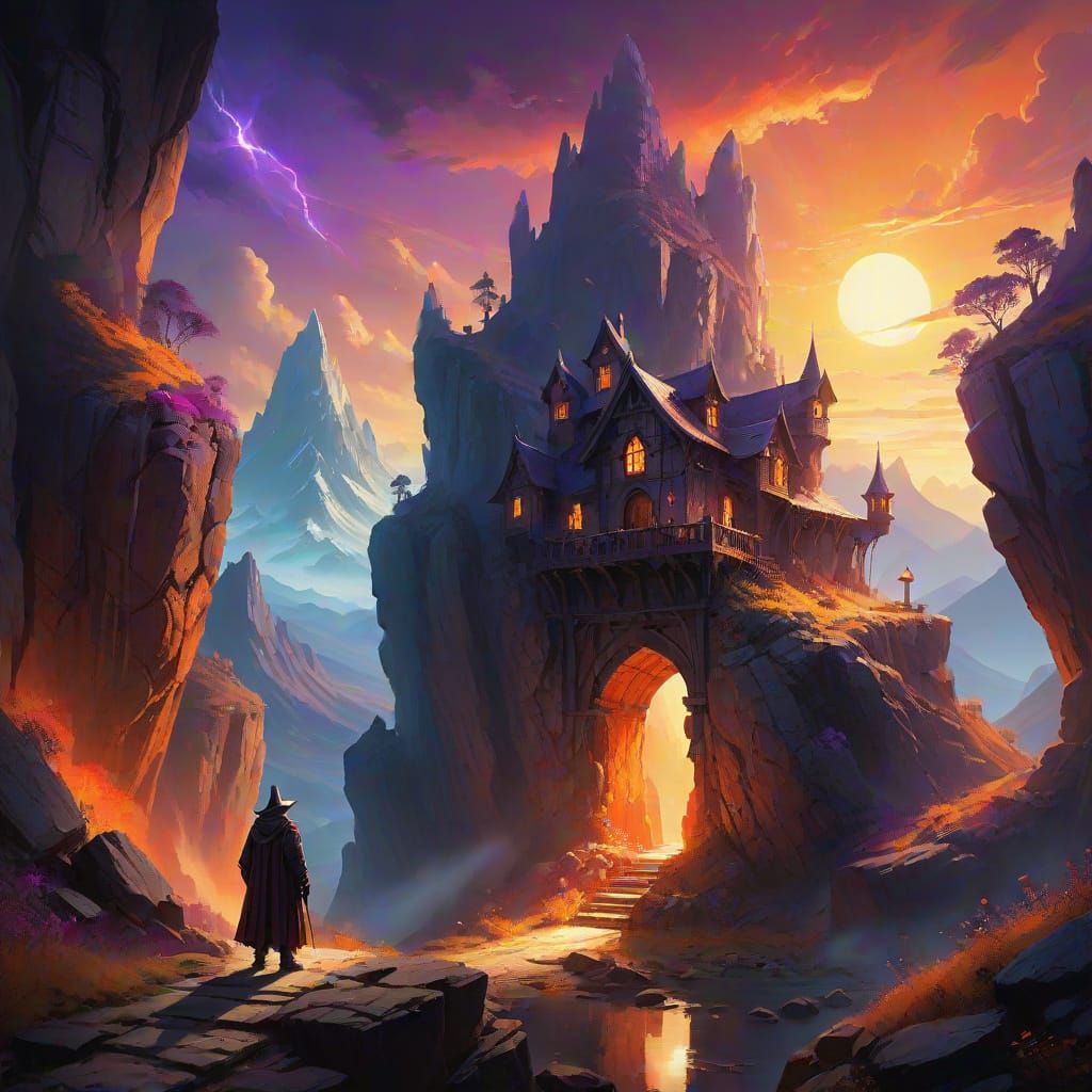 Wizard at Secret Mountain Hideout Entrance With Glowing Door...