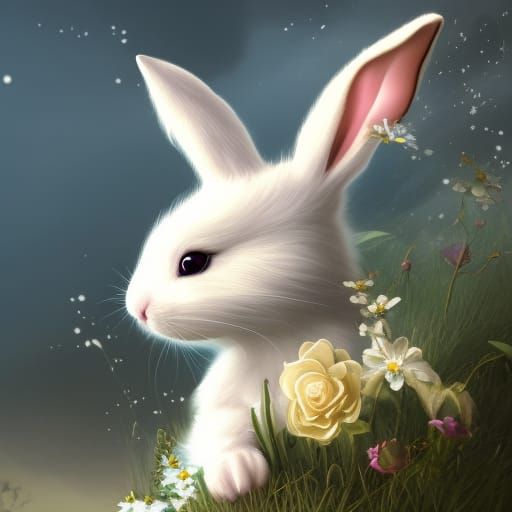 Cute White Bunny with Flower: Detailed Matte Painting