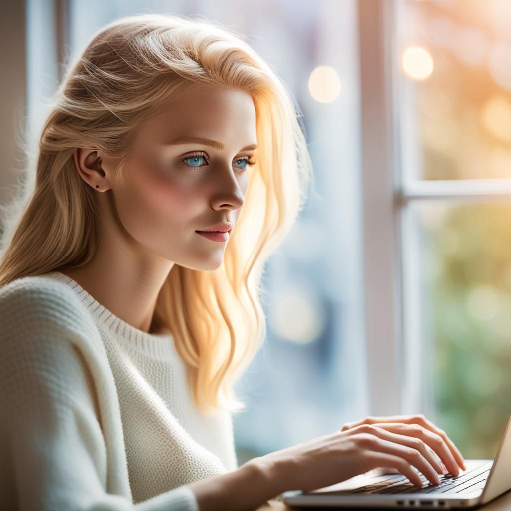 Blond Woman Typing on Laptop in Fashion Portrait
