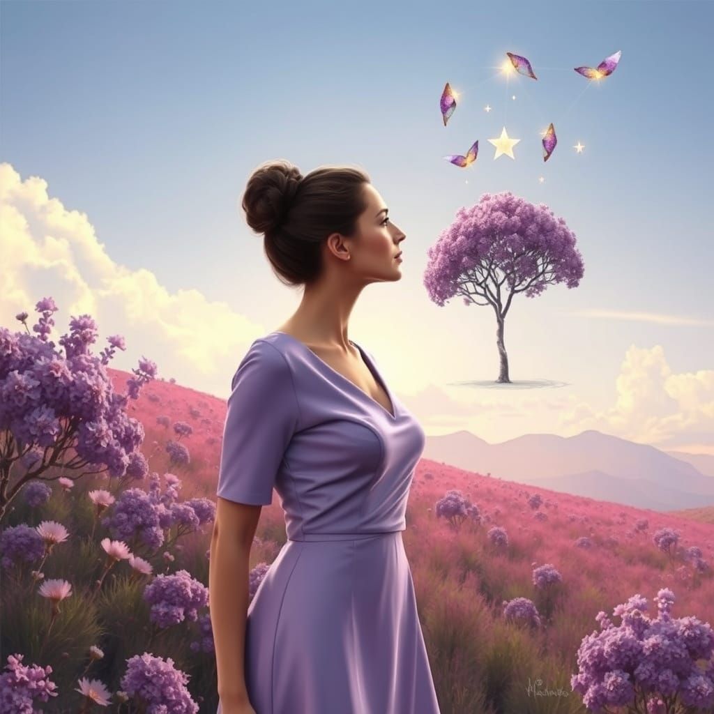 Elegant Female Silhouette in Surreal Landscape with Pastel C...