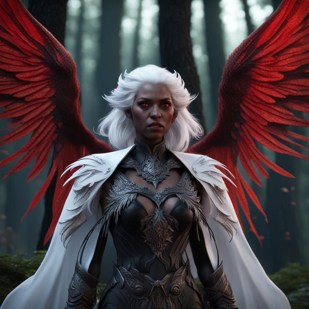 Hyperrealistic 3D Black Evil Lady with Red Wings