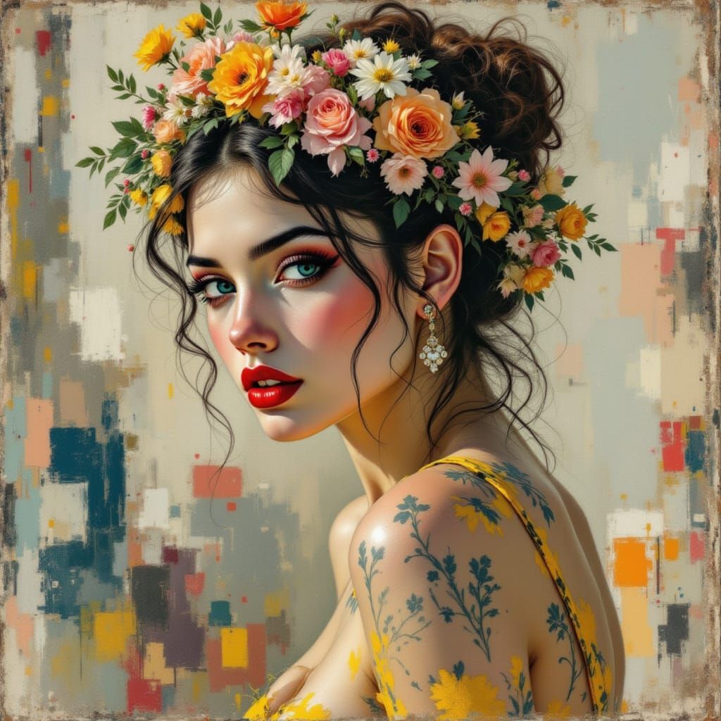 Tattooed Woman with Floral Crown in Charcoal Style