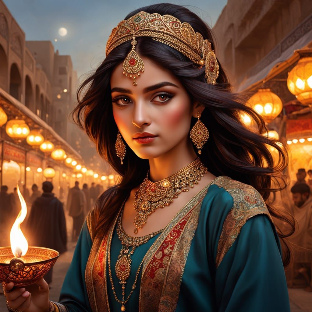 Tehran Fire Dancer at Sunset in Persian Miniature Style